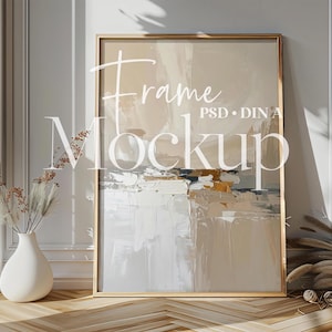 Vertical Frame Mockup PSD | DIN A Ratio | Neutral Cozy Scandinavian Scene | Minimalist Wall Panel Interior