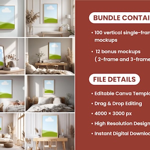 May include: A collection of mockups featuring framed art prints with a landscape design of green hills and a blue sky with a cloud. The image includes text that says "BUNDLE CONTAINS" and "FILE DETAILS". The mockups are displayed in various interior settings.