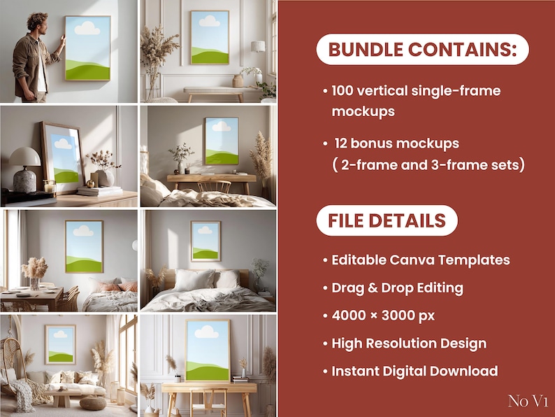 May include: A collection of mockups featuring framed art prints with a landscape design of green hills and a blue sky with a cloud. The image includes text that says "BUNDLE CONTAINS" and "FILE DETAILS". The mockups are displayed in various interior settings.