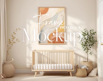 Maquetas de marcos para arte mural en formato PSD: proporción DIN A, escena minimalista para habitación infantil