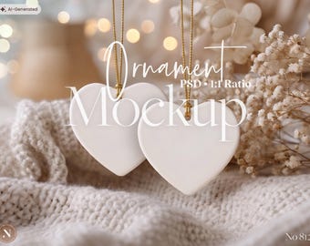 Christmas Ornament Mockup, 2 Heart Ceramic Ornament Template with Gold String, PSD, Holiday Decor, Christmas Gift
