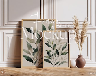 Maqueta de marco doble PSD / Marcos de póster verticales / Escena interior minimalista y neutra para exhibición de obras de arte