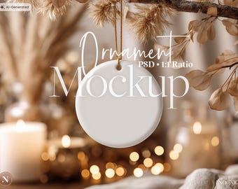 Christmas Ornament Mockup, Round Ceramic Ornament Template with Gold String, PSD, Holiday Decor, Digital Ornament, Photoshop Mockup