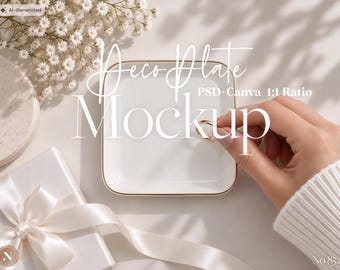 DecoPlate Jewelry Dish Mockup PSD Canva Square Ceramic Plate Template for Engagement Rings, Jewelry Display, Product Photography, Ring Tray