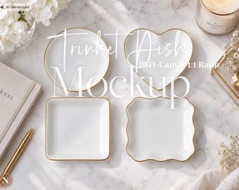 Ceramic Jewelry Dish Mockup, PSD Canva, Trinket Dish, Ceramic Plate Template for Engagement Ring Display, Round, Heart, Square, Square