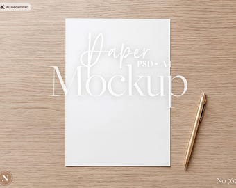 May include: A blank white A4 paper mockup centred on a light wood grain surface with a gold ballpoint pen positioned to the right. The text Paper Mockup PSD A4 is overlaid in white across the centre of the white paper sheet.