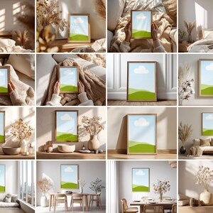 May include: A framed print featuring a landscape scene with a blue sky, a white cloud, and green rolling hills. The print is displayed in a natural wood frame. The image is shown in various interior settings.