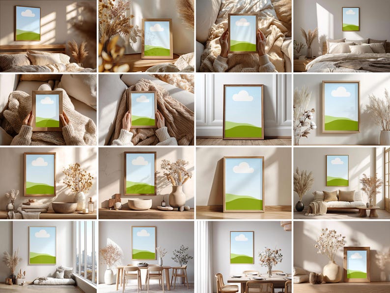 May include: A framed print featuring a landscape scene with a blue sky, a white cloud, and green rolling hills. The print is displayed in a natural wood frame. The image is shown in various interior settings.