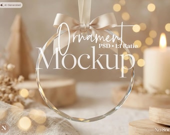 May include: A clear, circular glass ornament featuring a faceted edge and a beige satin ribbon tied in a bow at the top. The ornament displays the text Ornament Mockup PSD 1:1 Ratio in white lettering across the center of the transparent glass surface.