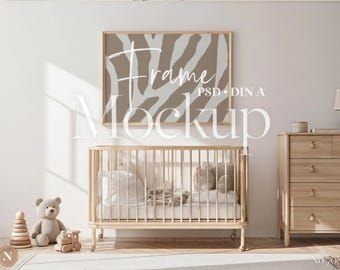 Maqueta de marco horizontal PSD / Proporción DIN A / Escena neutra de habitación infantil / Exhibición de arte de pared