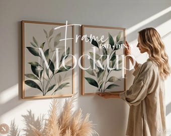 Maqueta de marco doble PSD / Marcos de póster verticales / Escena interior minimalista y neutra para obras de arte