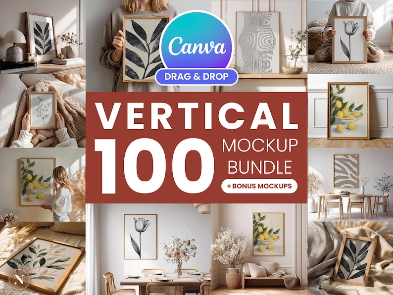 100 Vertical Frame Mockup Bundle | Drag and Drop Canva Templates | Wall Art Display