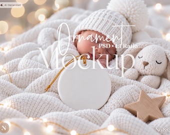 Christmas Ornament Mockup, Round Ceramic Ornament Template with Gold String, Kids, Baby First Christmas, Newborn Christmas, PSD