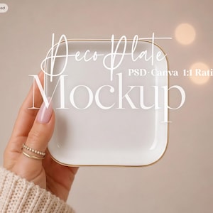 DecoPlate smyckesfat mockup PSD Canva fyrkantig keramisk tallrik mall för förlovningsringdisplay, produktfotografering, smyckesdisplay mockup