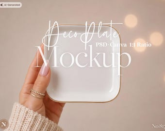 DecoPlate Jewelry Dish Mockup PSD Canva Square Ceramic Plate Template Engagement Ring Display, Product Photography, Jewelry Display Mockup