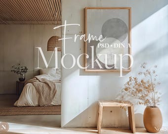 Maqueta de marco vertical PSD / Relación DIN A / Escena interior bohemia acogedora y neutra
