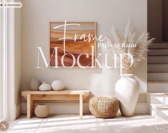 Cozy Square Frame Mockup PSD | Neutral Boho Interior Scene for Wall Art, Posters