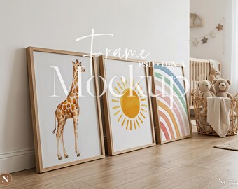 Maqueta vertical de 3 marcos / DIN A / Escena neutra de habitación infantil, exhibición de arte mural (PSD)