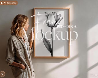 Op de afbeelding: Een zwart-wit bloemenprint van een tulp in een houten lijst. De tekst "Frame Mockup" is zichtbaar op het kunstwerk. De afbeelding is gemarkeerd met "AI-Generated". De lijst hangt aan een neutrale muur, geschikt voor interieurdecoratie.