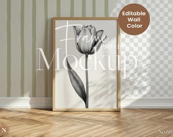 Maqueta de marco vertical PSD / Escena de color de pared personalizable para exhibición de arte / Pared editable