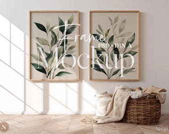Maqueta de marco doble PSD / Marcos de póster verticales / Escena interior minimalista y neutra para exhibición de obras de arte