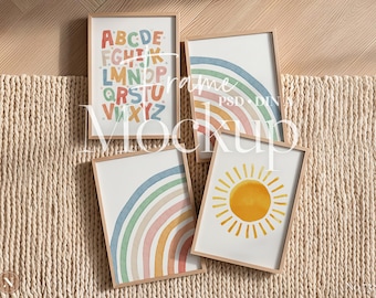 Maqueta de 4 marcos verticales / DIN A / Escena de habitación infantil neutra / Maqueta de pared de galería (PSD)