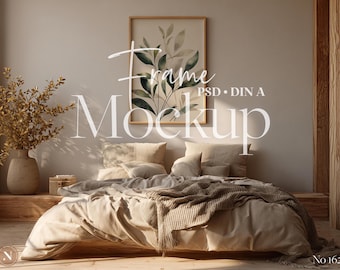 Wall Art Frame Mockup PSD | DIN A Ratio | Boho Bedroom Scene | Print Display