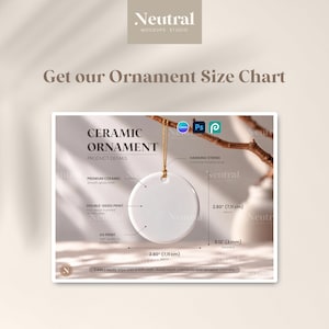 May include: A white circular ceramic ornament with a gold hanging string. The product details indicate a 2.80 inch diameter and 0.12 inch thickness. Text includes CERAMIC ORNAMENT, PRODUCT DETAILS, PREMIUM CERAMIC, DOUBLE-SIDED PRINT, UV PRINT, and HANGING STRING.