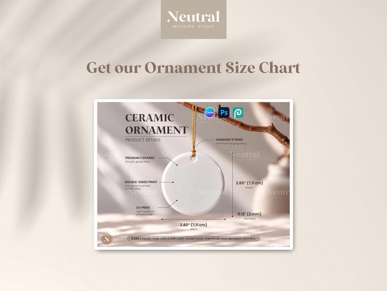 May include: A white circular ceramic ornament with a gold hanging string. The product details indicate a 2.80 inch diameter and 0.12 inch thickness. Text includes CERAMIC ORNAMENT, PRODUCT DETAILS, PREMIUM CERAMIC, DOUBLE-SIDED PRINT, UV PRINT, and HANGING STRING.