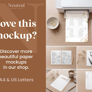 May include: A collection of paper mockups featuring a wedding planning checklist, intricate coloring pages, a tulip illustration, a 2026 calendar, and a weekly meal planner, all displayed on a wooden surface with office accessories like pens and clips.
