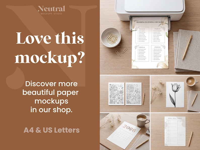 May include: A collection of paper mockups featuring a wedding planning checklist, intricate coloring pages, a tulip illustration, a 2026 calendar, and a weekly meal planner, all displayed on a wooden surface with office accessories like pens and clips.