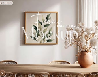 Square Frame Mockup PSD | 1:1 Ratio | Neutral Boho Dining Room Scene for Art Wall Display