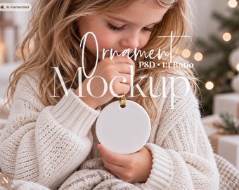Christmas Ornament Mockup, Ornament for Kids, Round Ceramic Ornament Template with Gold String, Christmas Gift, Holiday Decor, PSD
