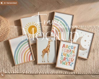 Kids Room Gallery Wall Mockup | 6 Frames Vertical PSD | Nursery Art Display