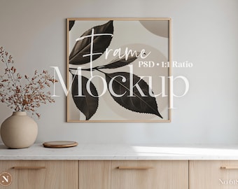Maqueta PSD de marco cuadrado / Escena interior bohemia minimalista neutra / Plantillas de Photoshop
