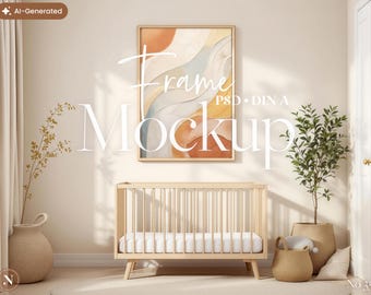 Könnte beinhalten: Ein helles Holzbettchen steht unter einem rechteckigen Wandrahmen mit einem abstrakten Gemälde in orangefarbenen, blauen und cremefarbenen Wellenformen. Der Text Frame Mockup PSD DIN A ist in Weiß überlagert. Ein Korb und eine Pflanze sind zu sehen.