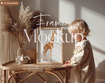 Nursery Frame Mockup, Boho Kids Room Poster, Minimal Wall Art, Digital PSD Template