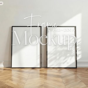 Maqueta de póster con marco negro PSD / Juego de 2 / Plantilla de pared inclinada para Photoshop / DIN A
