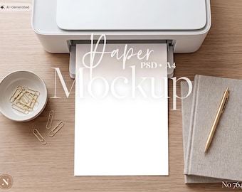 May include: A white printer with a blank A4 sheet of paper, a small bowl containing gold paper clips, and a grey notebook with a gold pen. The text Paper Mockup PSD A4 is overlaid on the image, with No 764 in the bottom right corner.
