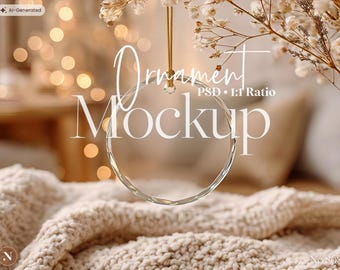 May include: A clear, circular glass ornament hanging from a gold string. The text "Ornament Mockup" and "PSD • 1:1 Ratio" is overlaid in white. The ornament features a faceted edge and is suspended in front of dried white flowers.