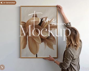 Op de afbeelding: Een ingelijste bloemenkunstprint met een lichtbruine houten lijst. Het kunstwerk toont een grote, abstracte bloem in bruin- en beigetinten. De woorden "Frame Mockup" staan over de afbeelding. Een persoon houdt het frame vast.