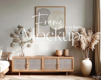 Maqueta PSD de marco cuadrado / Escena bohemia acogedora y neutra para exhibición de obras de arte