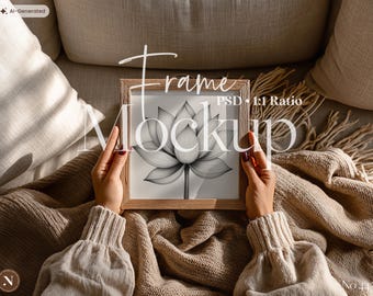 Square Frame Mockup PSD | 1:1 Ratio | Neutral Cozy Boho Scene | Woman Holding Frame