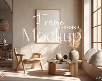 Op de afbeelding: Interieurscène met een houten frame-mockup. De scène omvat een licht houten stoel, een kleine houten tafel en een vaas met gedroogde planten. De woorden "Frame Mockup" staan op de muur.