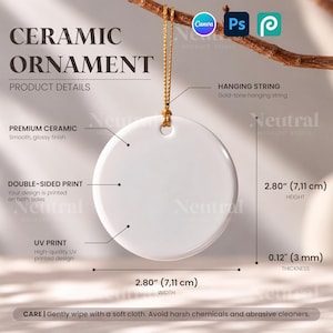 May include: A round white ceramic ornament with a smooth glossy finish and a gold-tone hanging string. The ornament measures 7.11 cm in height, 7.11 cm in width, and 3 mm in thickness, featuring a double-sided UV print surface for custom designs.