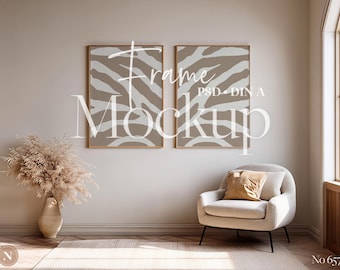 Conjunto de maquetas PSD de 2 marcos / Marcos verticales dobles para póster / Interior neutro para exhibición de obras de arte