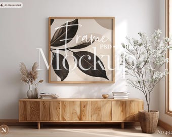 Mockup PSD di cornice quadrata / Scena boho neutra e accogliente per esposizione di opere d'arte da parete