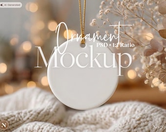 Christmas Ornament Mockup, Round Ceramic Ornament Template with Gold String, PSD, Holiday Decor, Christmas Gift
