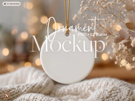 Christmas Ornament Mockup, Round Ceramic Ornament Template with Gold String, PSD, Holiday Decor, Christmas Gift