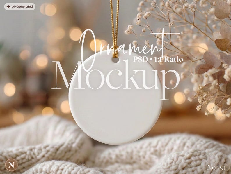 Christmas Ornament Mockup, Round Ceramic Ornament Template with Gold String, PSD, Holiday Decor, Christmas Gift, Digital Mockup